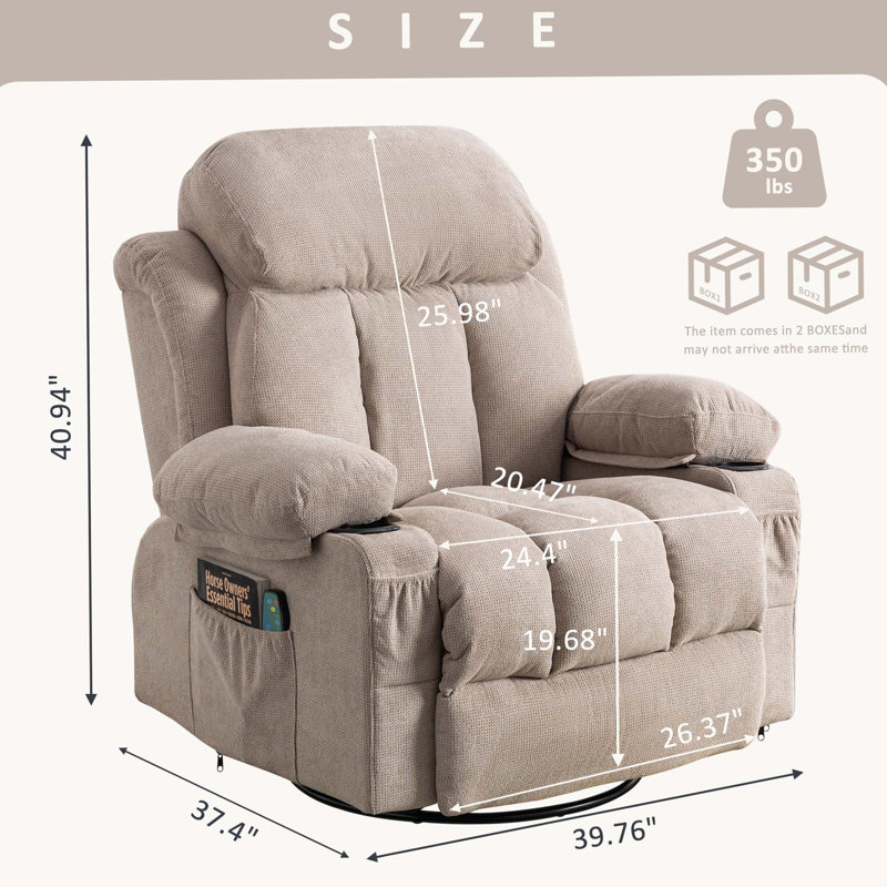 Swinging recliner massage heated sofa, with USB and 2 cup holders in side pockets, Brown