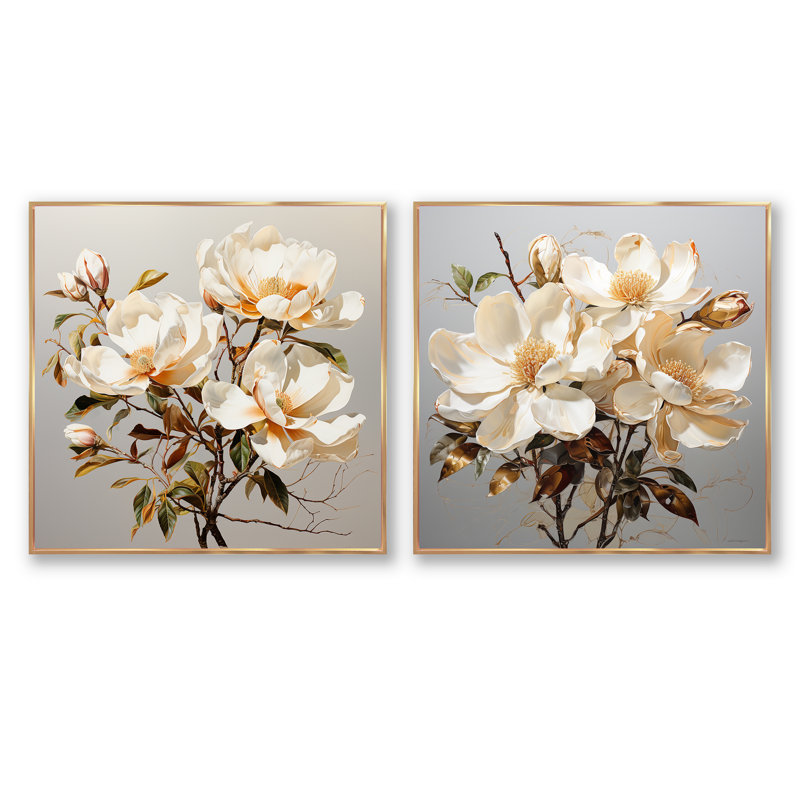 Magnolia beige et vert Blooms - Magnolias carré ensemble de 2 collages, Cadre flottant doré, H 36 po x l 73 po