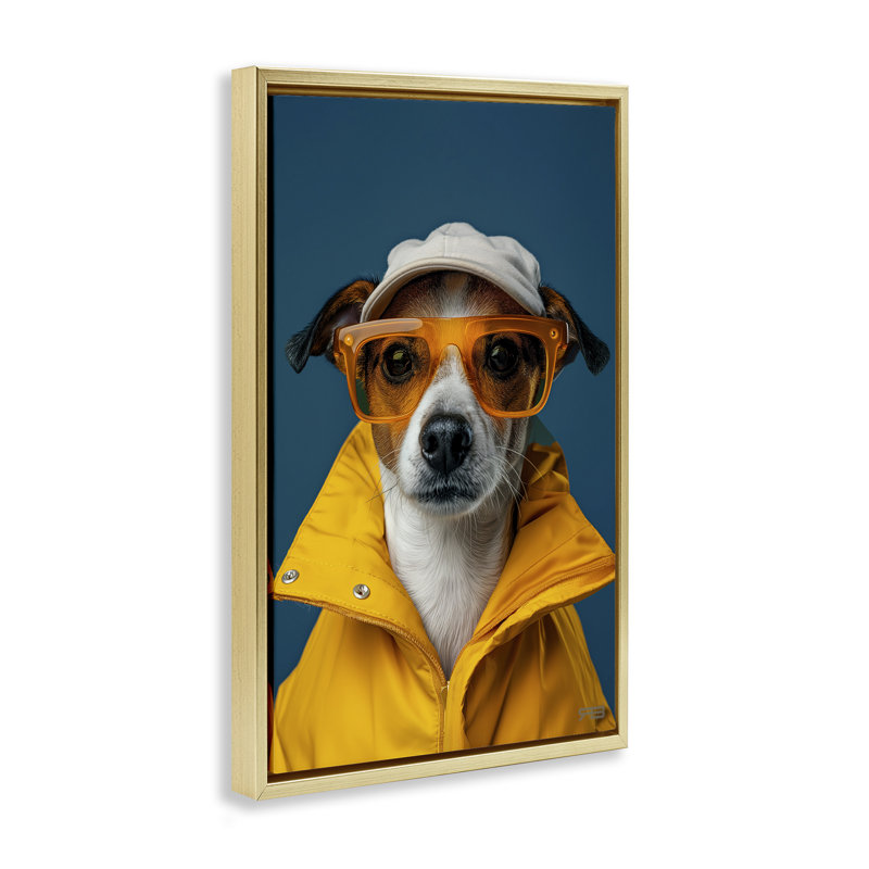 «Trendy Dog Friend», toile flottante encadrée dorée par Roozbeh Bahramali, Cadre flottant métallique doré, H 31 po x l 21 po