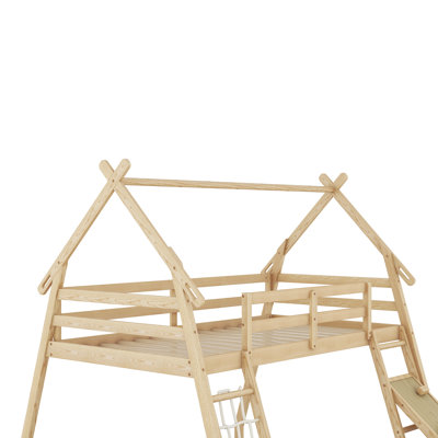Lit superposé simple au-dessus de grand lit avec filets d'escalade et rampe d'escalade