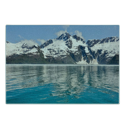 Ambesonne Alaska Tempered Glass Cutting Board Aialik Bay Kenai Fjords Forest Green Sky Blue