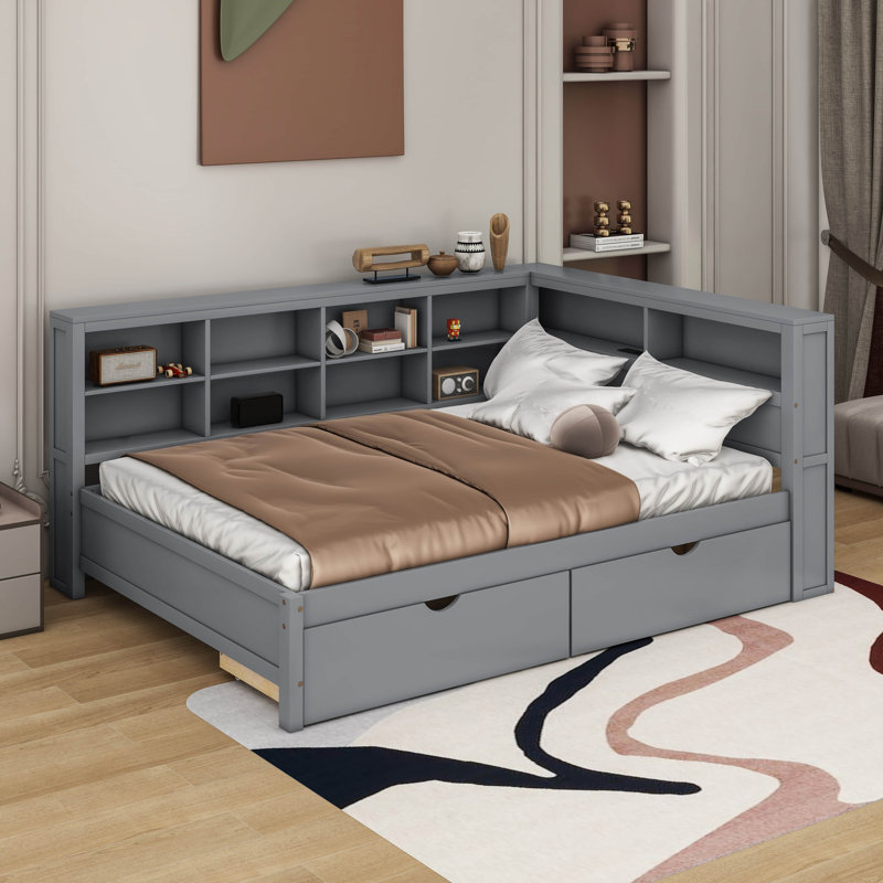 Lit de jour double en bois avec 2 tiroirs, tablette et ports de chargement USB, Gris