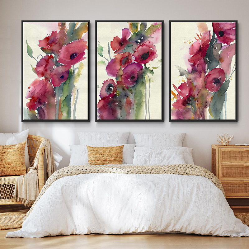 «Poppy Summer I», ensemble de 3 toiles encadrées, H 27 po x l 54 po, Noir