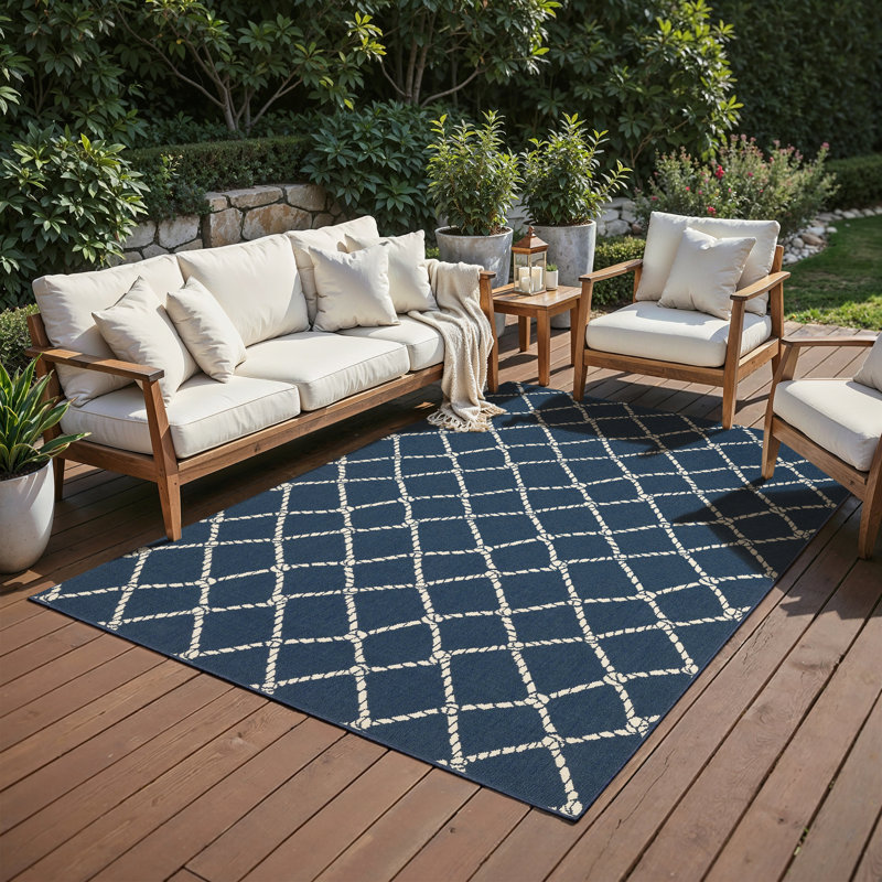 Tapis intérieur / extérieur bleu marine / ivoire Aganlane, Rectangle 3 pi 7 po x 5 pi 7 po