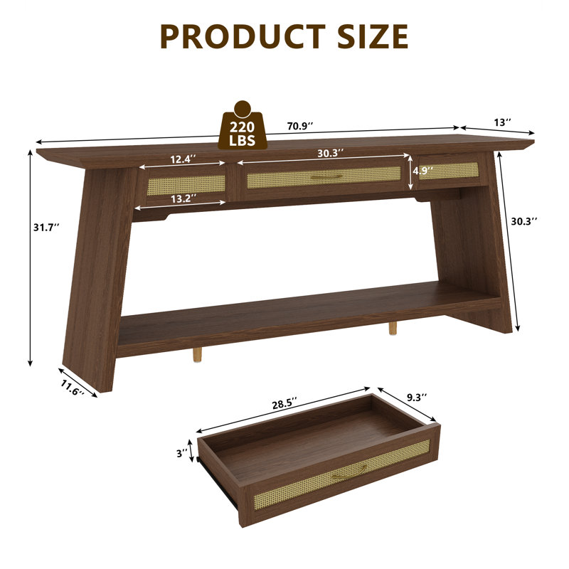 Table d'entrée en rotin 70,9 po avec tiroir, console étroite et longue pour le salon, couloir, canapé derrière, brun rustique