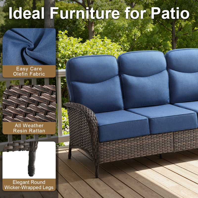 Alakai 3-Piece Outdoor Wicker Crescent Backrest Sofa Set With Ottomans, Blue