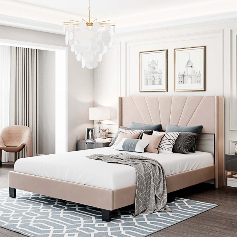Grand lit plateforme tapissier en velours, Beige