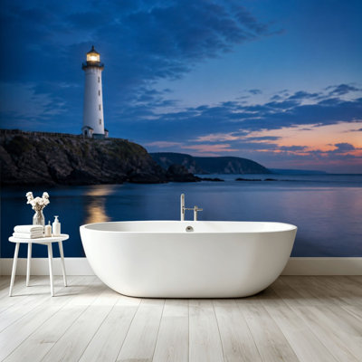 Peel and Stick Wallpaper Wall Mural Blue Evening Lighthouse Landscape Wall Art Self Adhesive and Removable
