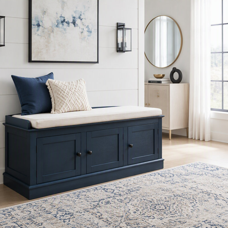 Banc de rangement à 4 portes et étagères réglables, banc à chaussures avec coussin amovible