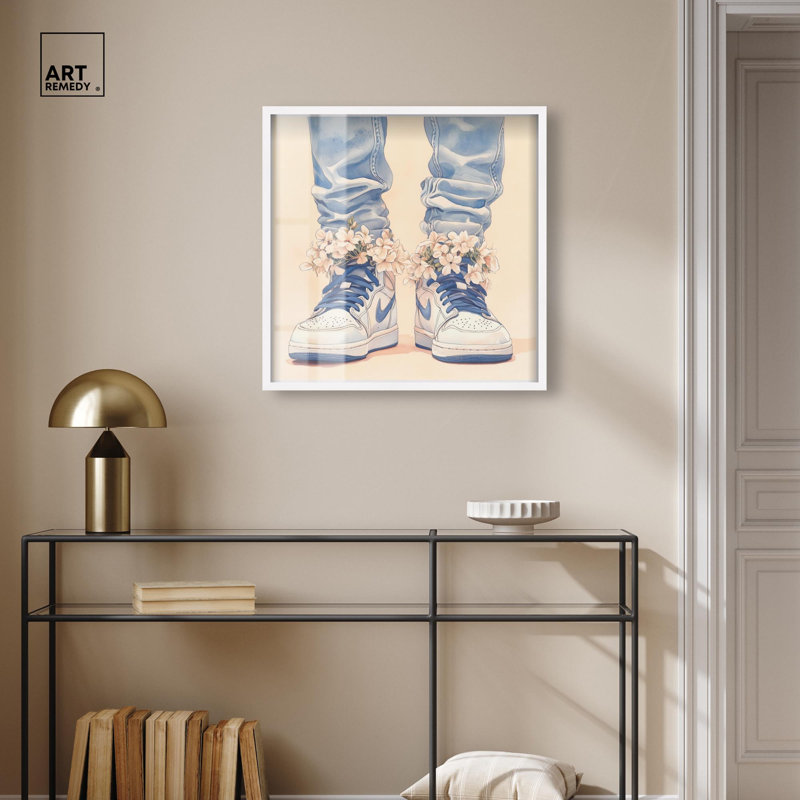 Art mural doux avec espadrilles bleues et fleurs, H 25 po x l 25 po, Blanc