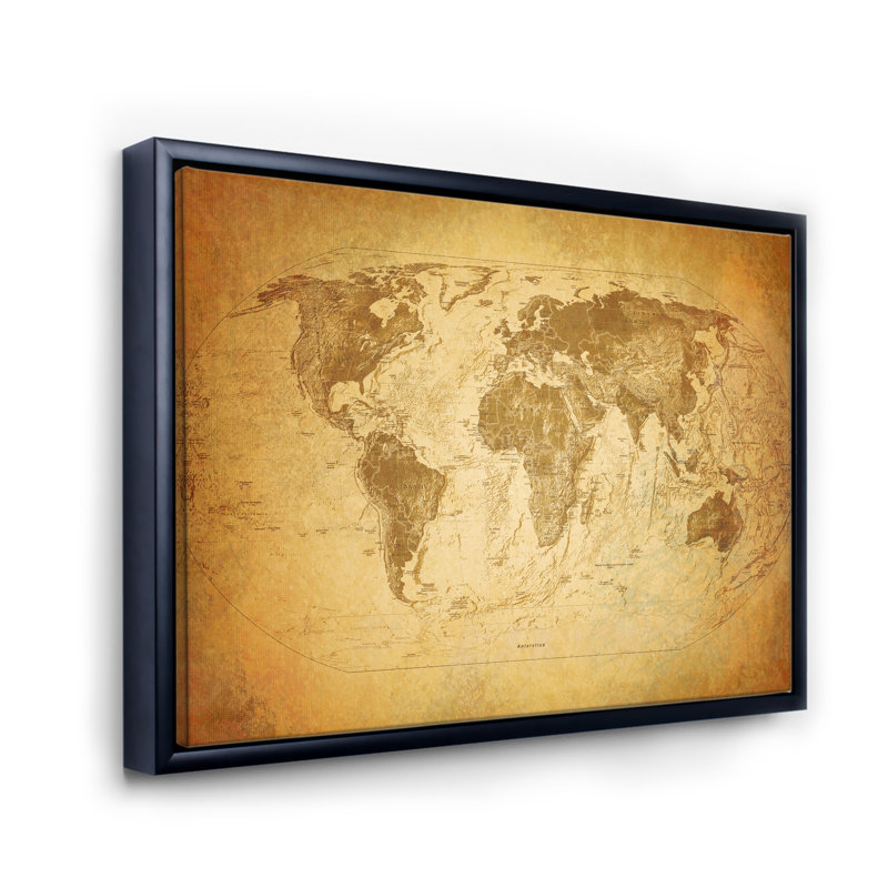 Ancienne carte du monde X - reproduction de cadre flottant sur toile, H 12 po x l 20 po x p 1 po, Noir