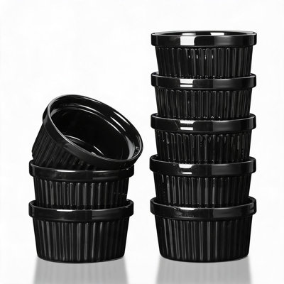 Enjyam Set of 8 Porcelain Ramekins 8oz – Stackable Oven Safe Souffle Dishes for Baking, Creme Brulee, Custard, Dips, Sauces, Appetizers – Durable Ceramic Bowls – Black (same color inside and outside)