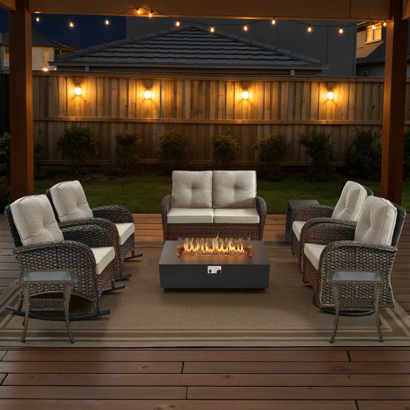 Esquer 8-Piece Outdoor Wicker Family Gathering Loveseat Conversation Set With Rocking & Swivel Chairs And Fire Pit Table