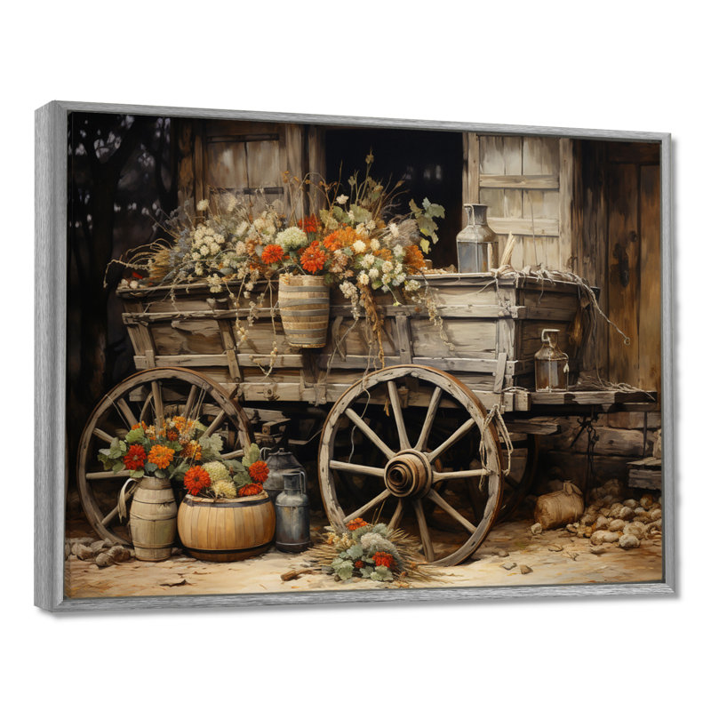 «Grey Old Cart Of Flowers I» - impressions sur toile de vieux chariot américain, H 34 po x l 44 po x P 1,5 po