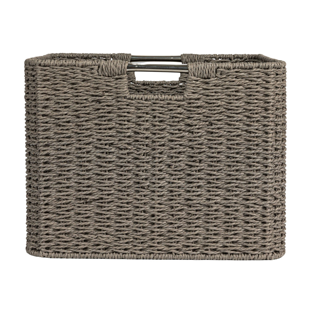 Square Woven Basket, Paper Rope Cube with Stainless Steel Handles, Intricate and Durable Weave, Sturdy Metal Frame, Grey Gracie Oaks