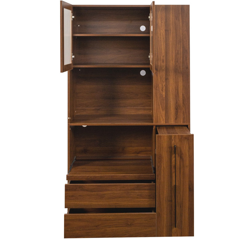 Armoire de cuisine de 70,87 po de hauteur avec tablette de rangement coulissante multifonctionnelle à plusieurs niveaux, tablette latérale à 4 niveaux, 2 tiroirs, avec porte vitrée