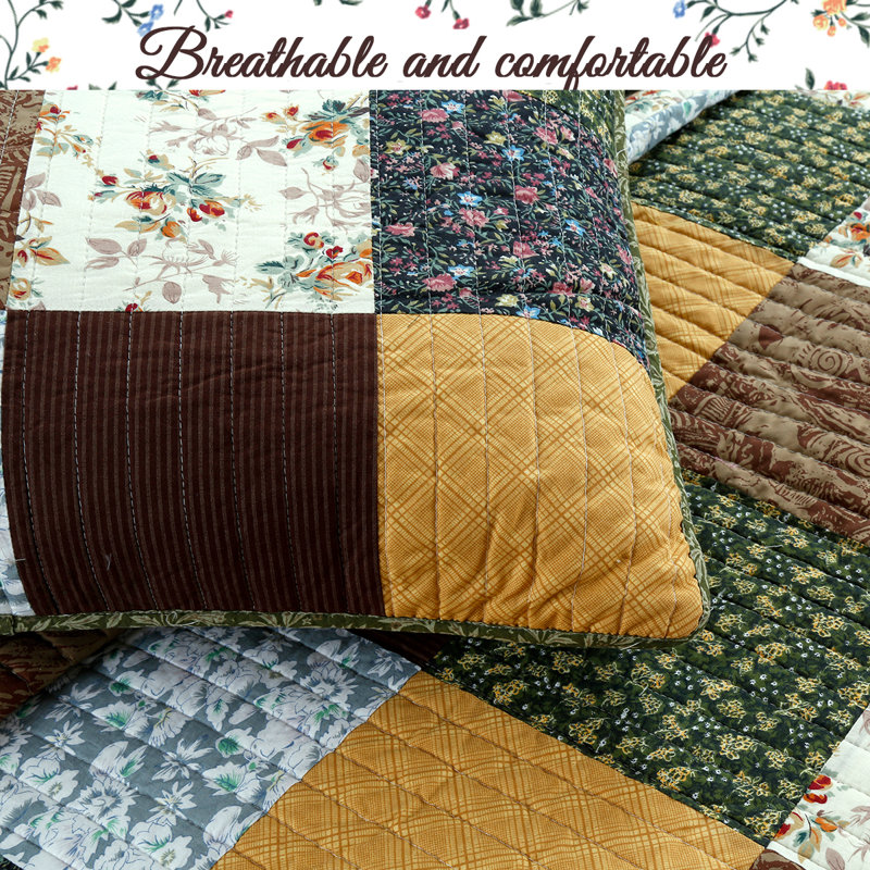 Ensemble de courtepointe réversible 3 pièces en coton jaune / olive / brun Patchwork