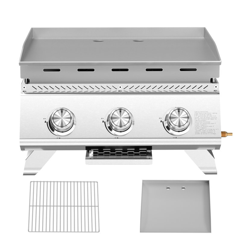 Barbecue au gaz en acier inoxydable à 3 brûleurs de 24 000 BTU, zone de cuisson compacte avec brûleurs en alliage Sus304 avec petites bonbonnes de gaz, pour barbecue, camping et camping-car