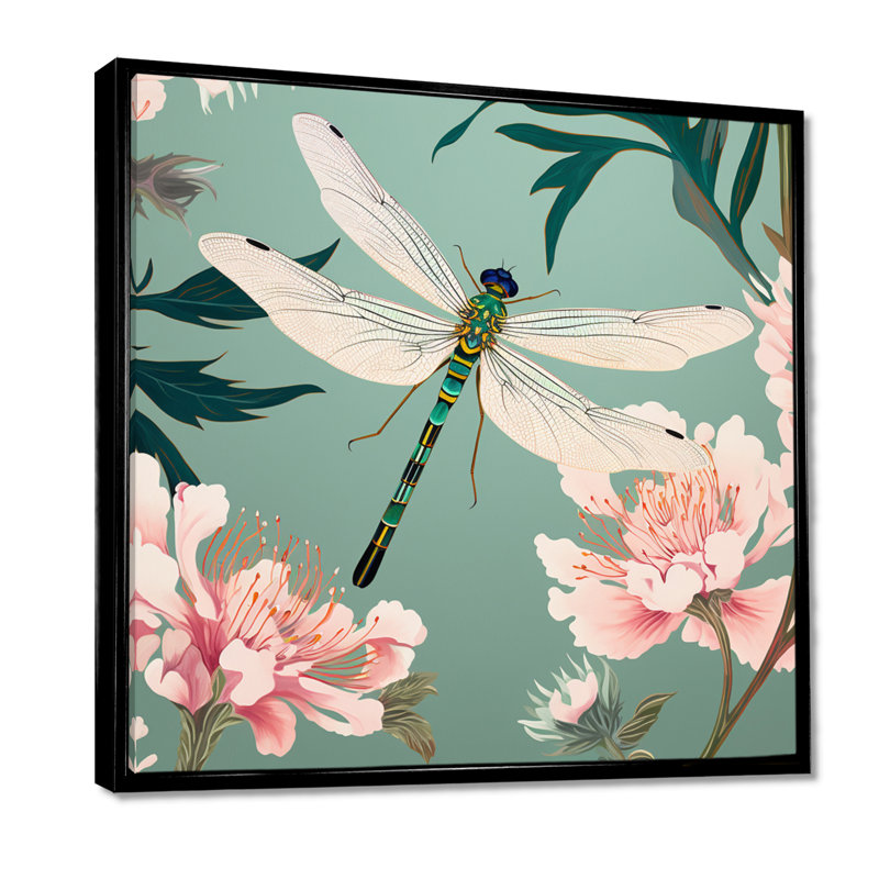 Illustration rétro de libellule vert rose - impression d'art mural libellule, H 16 po x l 16 po