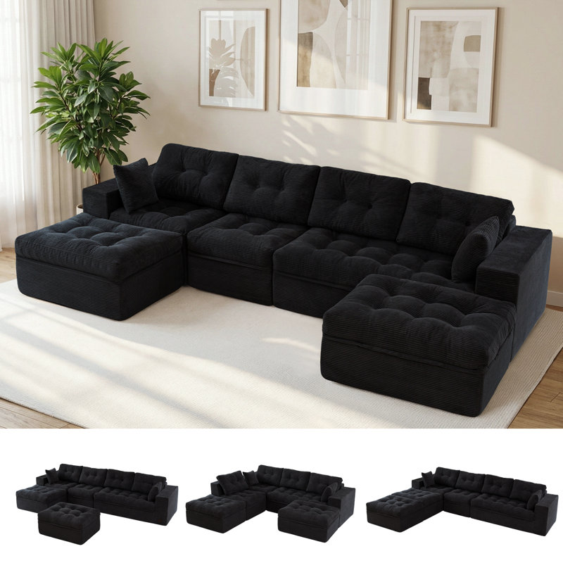 Boneless Corduroy Cloud Modular Couch,4-in-1 Flexible Combination Sectional Sofa, Black, 21" H x 130" W x 66.5" D