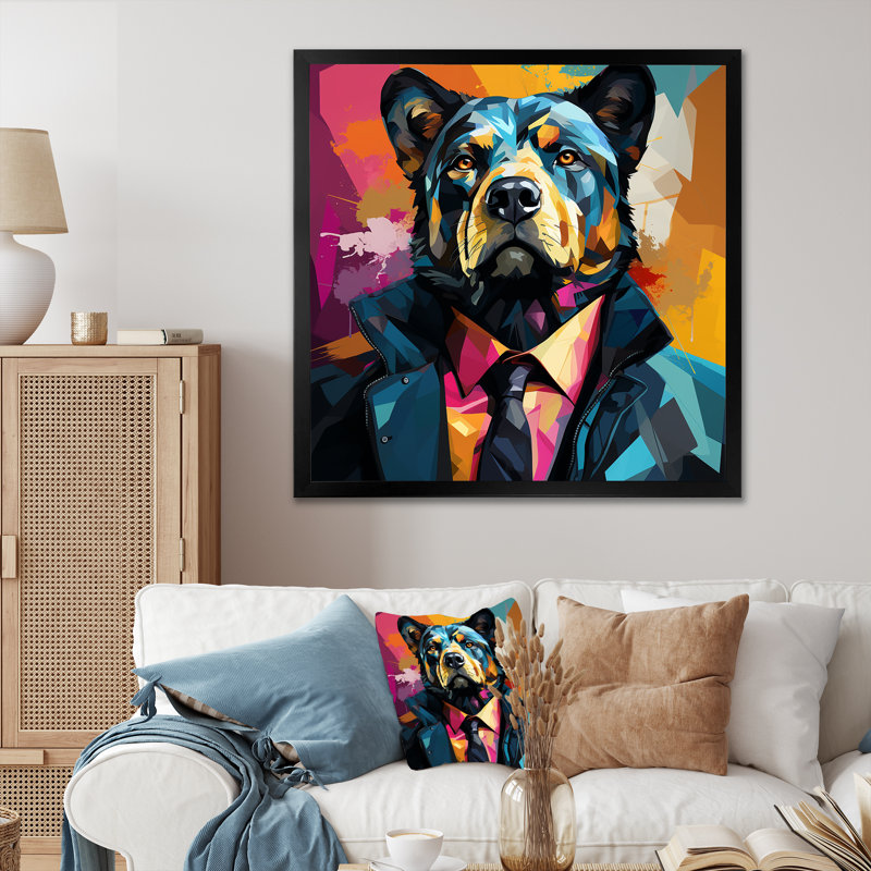Portrait d'un ours en costume, H 30 po x l 30 po x P 1,5 po, Cadre simple noir