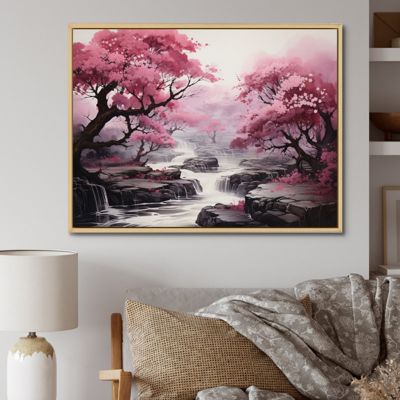 «Pink Trees Waterfall Endless Journey» - Art mural cascade, Cadre naturel flottant, H 30 po x l 40 po x P 1,5 po