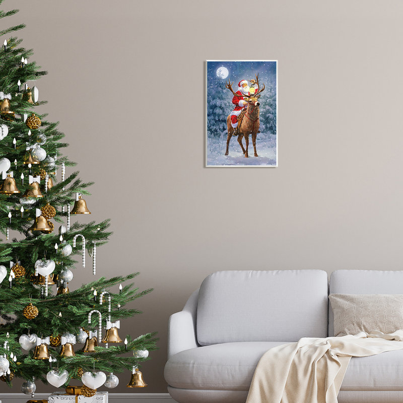 «Santa Riding Reindeer Landscape» par Pip Wilson, peinture, H 19 po x l 13 po x P 0,5 po, Mdf