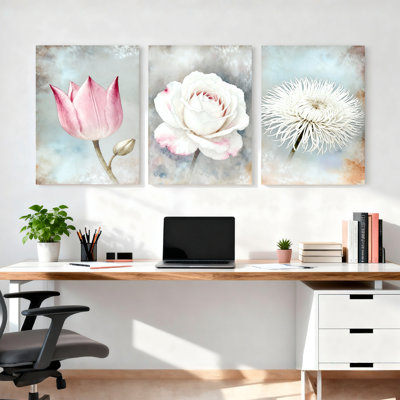 Floral tulipe rose et pissenlit, reproduction d'art sur toile tendue sur toile (ensemble de 3)