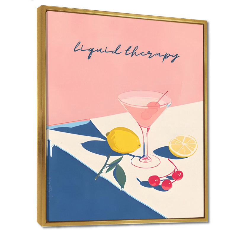 Rose, art martini et citron, H 20 po x l 12 po, Cadre flottant doré