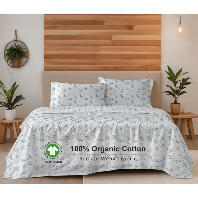 Ensemble de draps 100% coton biologique 4 pièces, Floral à bourgeons de marguerite