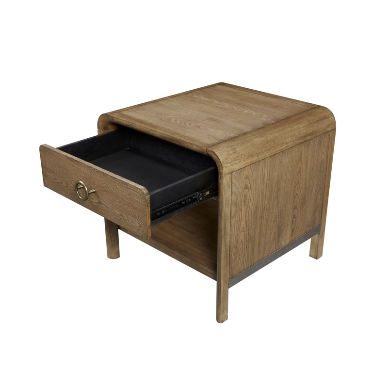 Table d'appoint Latte Waterfall avec placage, courbes, style moderne et doux, tiroir et tablette de rangement, bois massif+, hauteur 60,5 cm, profondeur 61 cm, largeur