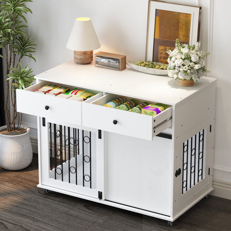 Caisse pour chien coulissante avec porte de grange et tiroirs et roues verrouillables