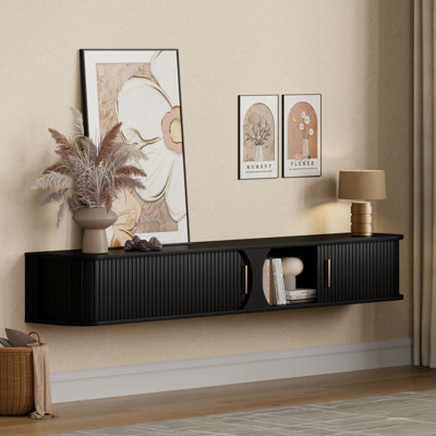 Meuble télé 71 po avec portes tambour coulissantes, console multimédia murale avec rangement et lumières RVB pour téléviseurs de 80 po ou moins