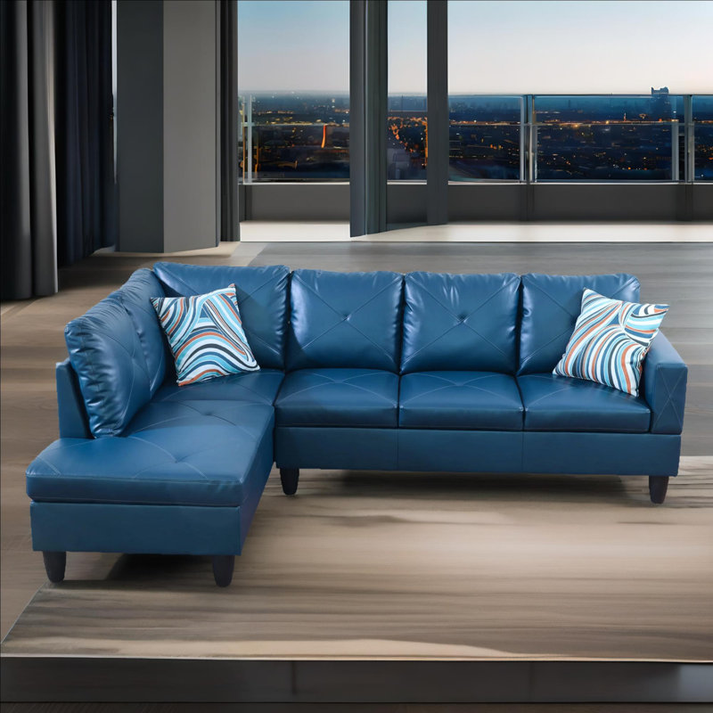 Ensemble de canapé modulaire en cuir 2 pièces avec méridienne Monaco, Similicuir bleu, Orienté à gauche (vu de face)