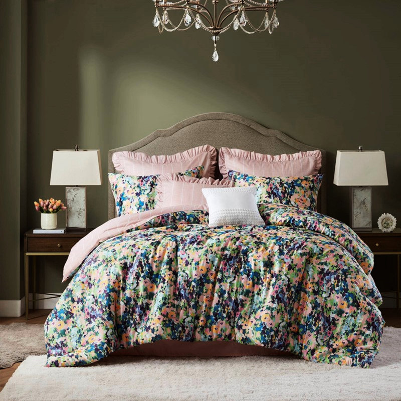 Couette King 8 pièces à motif floral abstrait, - Conception à points d'arrêt, et garantie 8 pièces imprimée numériquement à motifs floraux, jupe de lit sur mesure, envers en microfibre douce