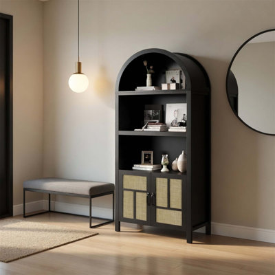 Elegant Arched Rattan Pantry Cabinet with Adjustable Shelves, Perfect for Modern and Bohemian Interiors