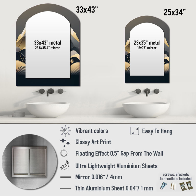 Dreamy Golden Mountain II - Marble Arch Mirror, Grey Asymmetrical Unique Wall Mirror, Printed Metal Art, 43" x 33"