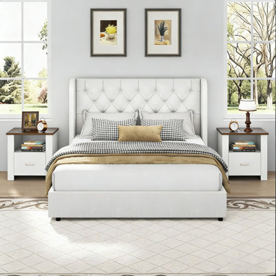 Wingback Velvet Upholstered Bed With 2 Farmhouse Nightstands – 3-Piece Bedroom Set