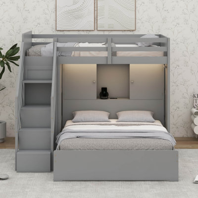 Twin Over Full Bunk Bed With Stairs, Solid Wood L-Shape Bunk Bed Frame With Wardrobe,USB And Light