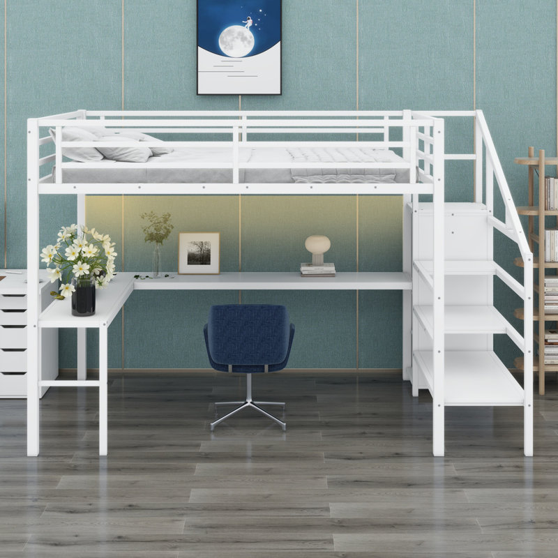 Metal Loft Bed With L-Shaped Desk And USB, Wardrobe And  Shelf, High Loft Bed With LED For Kids Teens Adults, Queen, White