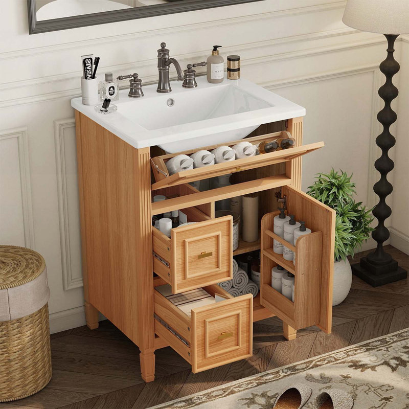 Meuble-lavabo de salle de bain avec lavabo, tiroirs rabattables et latéraux, tablette réglable, Bois