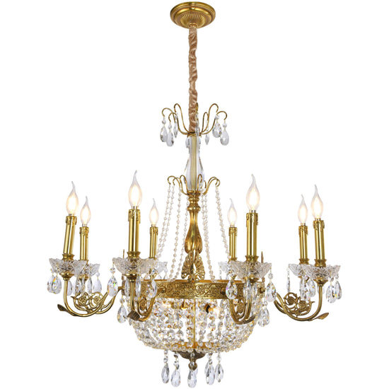 Lustre chaleureux de style Empire en laiton doré et cristal chaud avec bras à rallonge, chaînes en cristal et bol inférieur, luminaire de 34 po pour la salle à manger, le vestibule et le salon