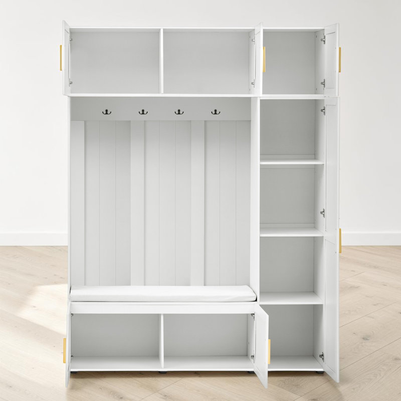Arbre d'entrée avec banc, siège rembourré et rangement pour armoire, contemporain, vestibule, White