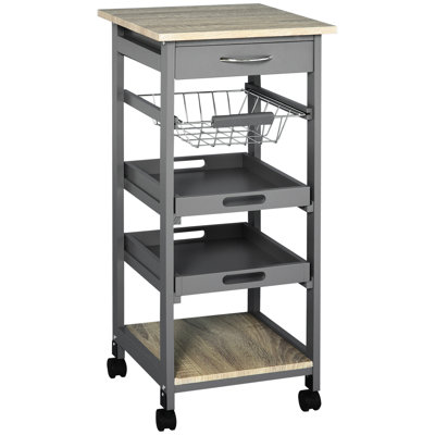 Mobile Rolling Kitchen Island With Drawer, Wire Storage & Tray, Gray Grey Trolley Serving Trays