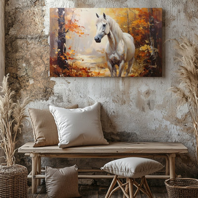 Canvas Wall Art White Horse In Autumn Forest Canvasserene Equestrian Landscape Art Ready To Hang Gallery Wrapped Home Decor Modern Design