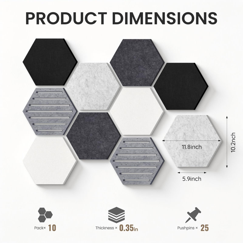 Carreaux de tableau d'affichage hexagonaux en liège, paquet de 10 panneaux de feutre avec 25 punaises, tableau d'affichage de photos pour la décoration murale de bureau et de classe de maison, 11,8 x 10,2 pouces