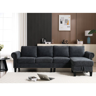 L-Shaped Storage Couch With Nail Head Trim, Modern Living Room Item Sectional - 4 Gray Furniture