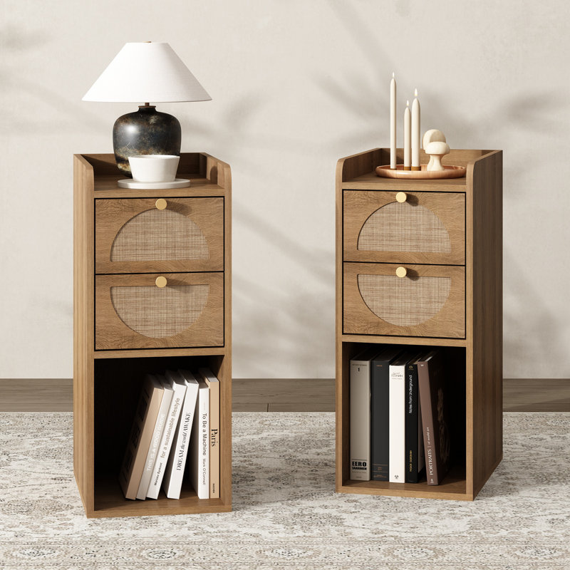 Table de bout étroite (ensemble de 2), table d'appoint mince avec 2 tiroirs arqués en rotin et table de chevet de rangement Mid-Century