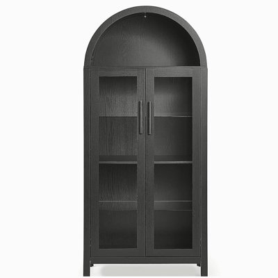 Une armoire de rangement à arche haute avec éclairage, une armoire de rangement en bois de style rétro moderne avec des tablettes en verre réglables, une armoire de rangement multifonctionnelle pour la cuisine - noir