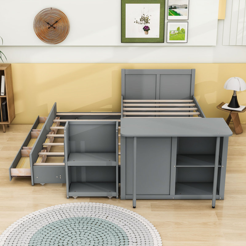 Lit plateforme simple en bois 3 tiroirs avec bureau intégré et lit gigogne, gris